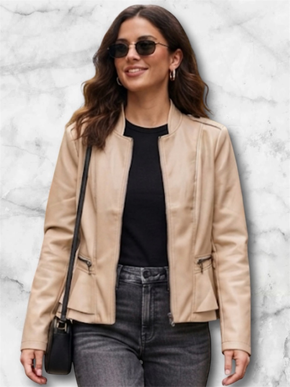 NWOT G.I.L.I. Got It Love It Faux Leather Double Peplum Jacket Blush Beige Sz 12